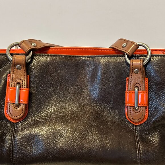 - La Diva Patent  Leather Orange Brown Color Block Handbag, The East/West … - Picture 7 of 17